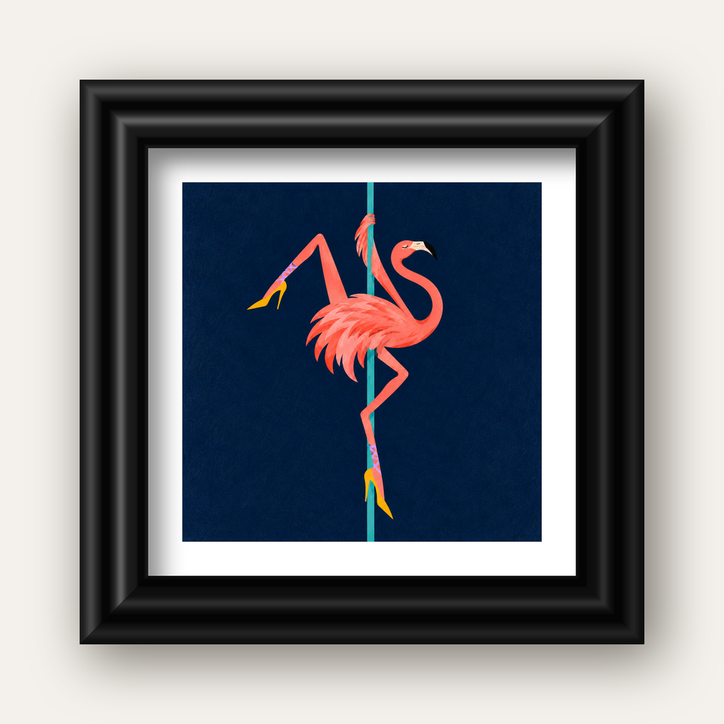 Direk Dansı Yapan Flamingo Modern Poster — siyah galeri çerçeveli paspartulu