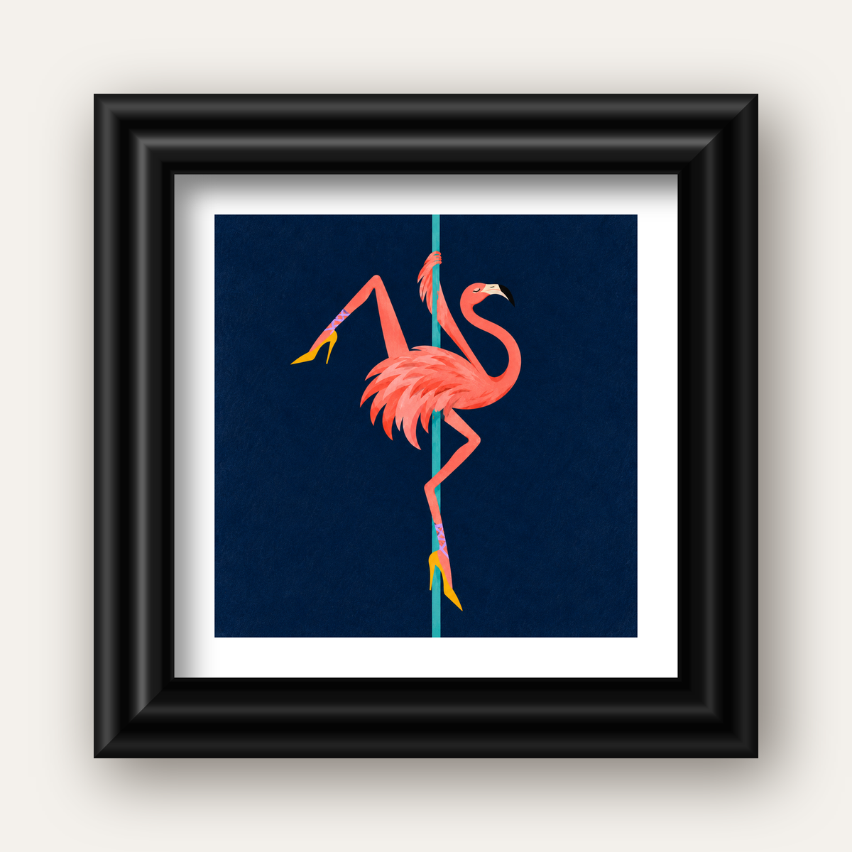 Direk Dansı Yapan Flamingo Modern Poster — siyah galeri çerçeveli paspartulu