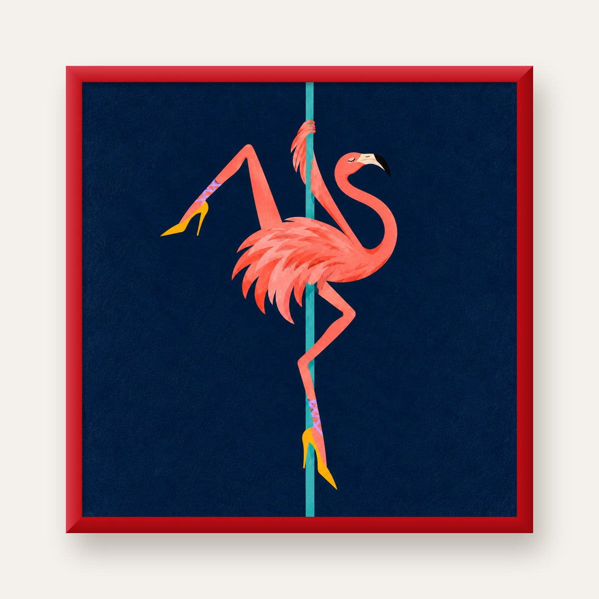 Direk Dansı Yapan Flamingo Modern Poster — kırmızı çerçeveli