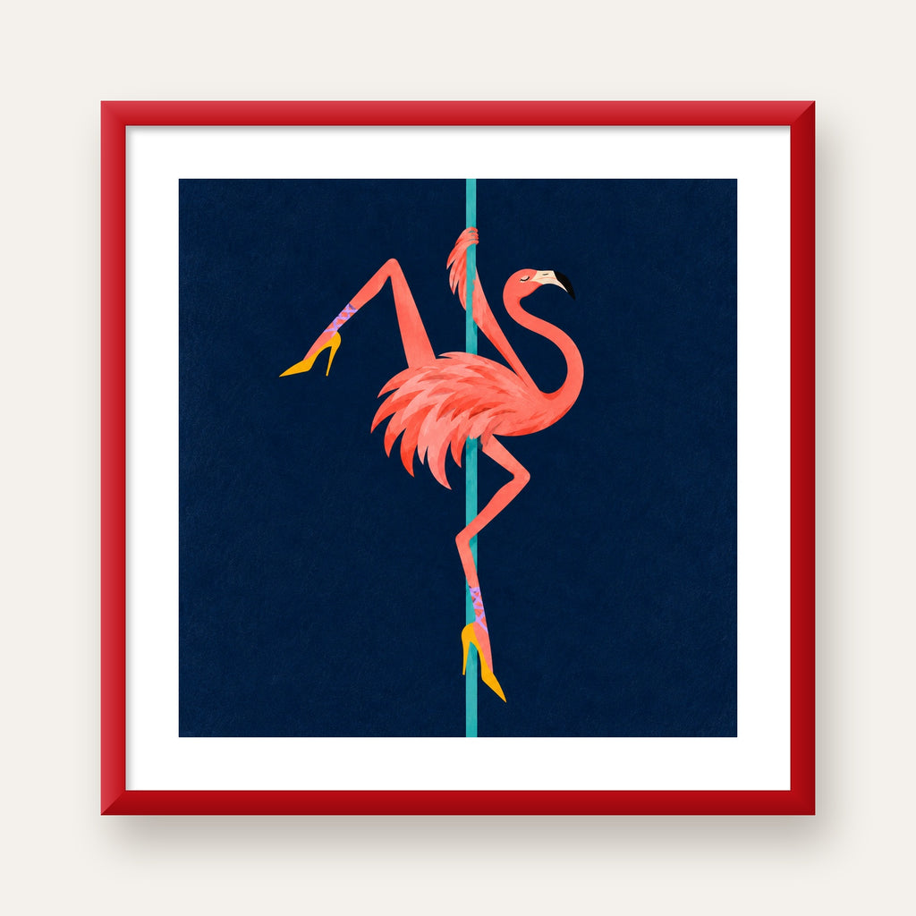 Direk Dansı Yapan Flamingo Modern Poster — kırmızı çerçeveli paspartulu