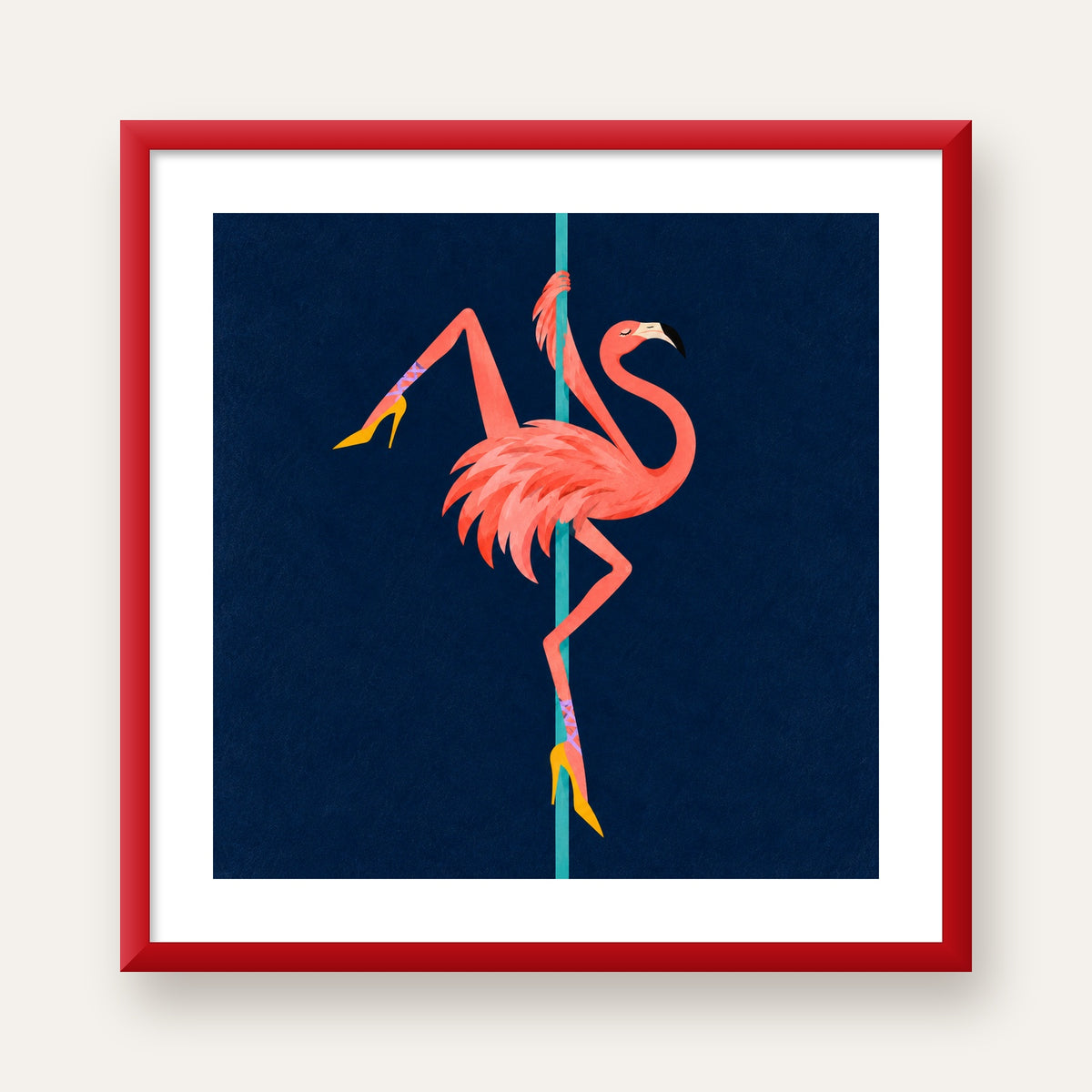 Direk Dansı Yapan Flamingo Modern Poster — kırmızı çerçeveli paspartulu