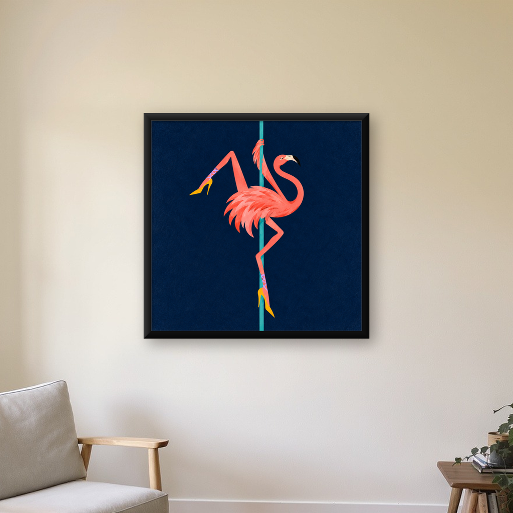 Direk Dansı Yapan Flamingo Modern Poster – Çerçeveli — Kare baskı, çerçeveli hâliyle bir ev duvarında