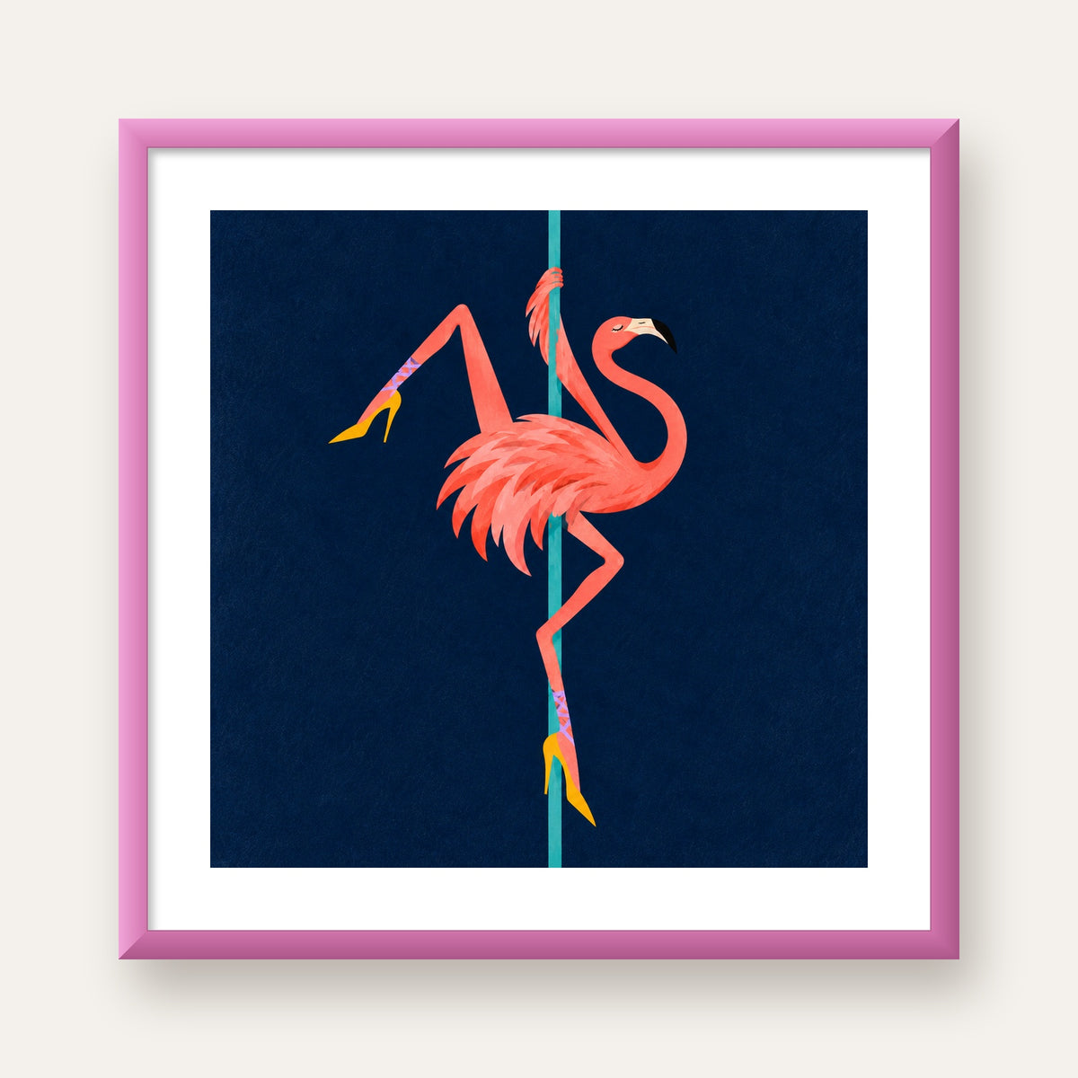 Direk Dansı Yapan Flamingo Modern Poster — pembe çerçeveli paspartulu