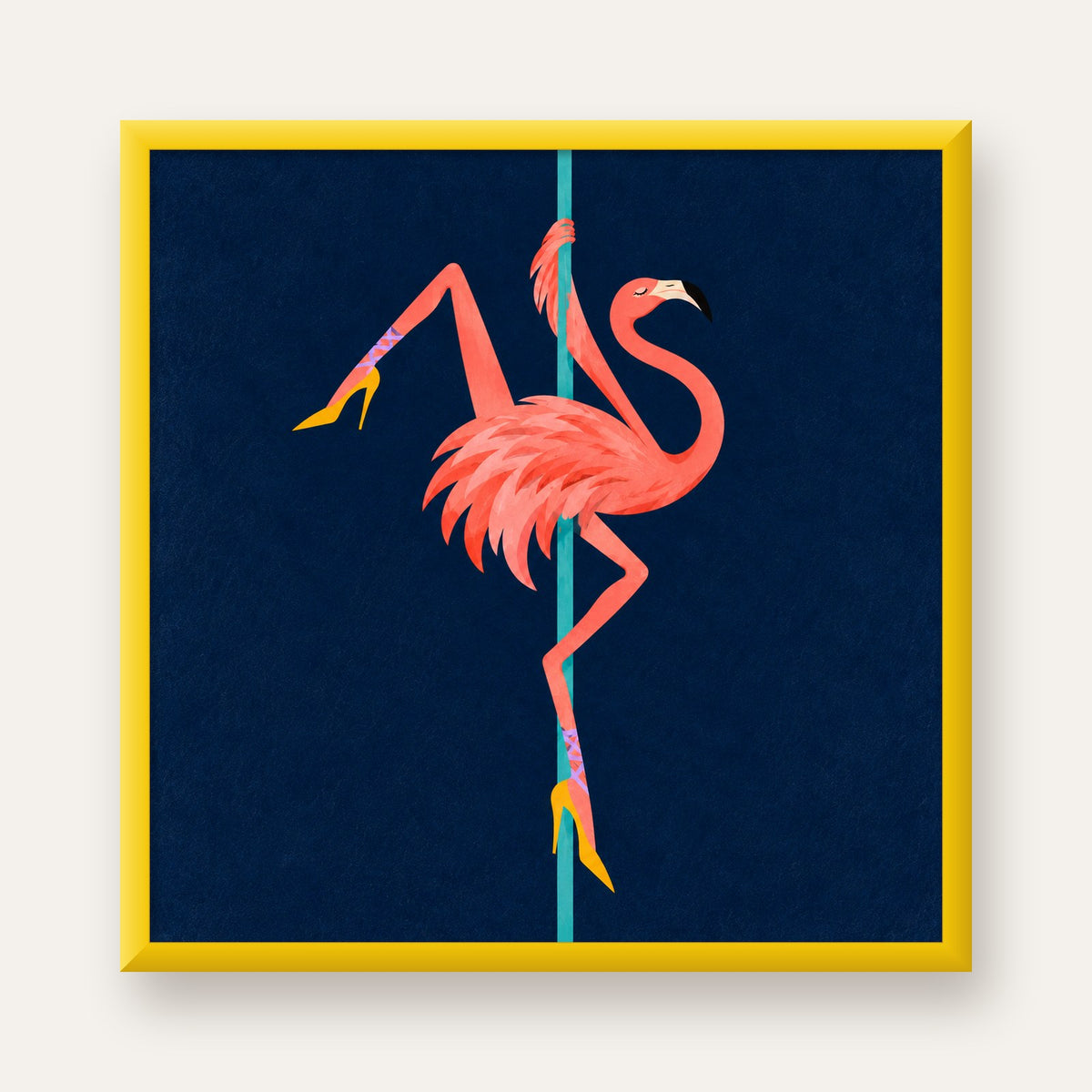 Direk Dansı Yapan Flamingo Modern Poster — sarı çerçeveli
