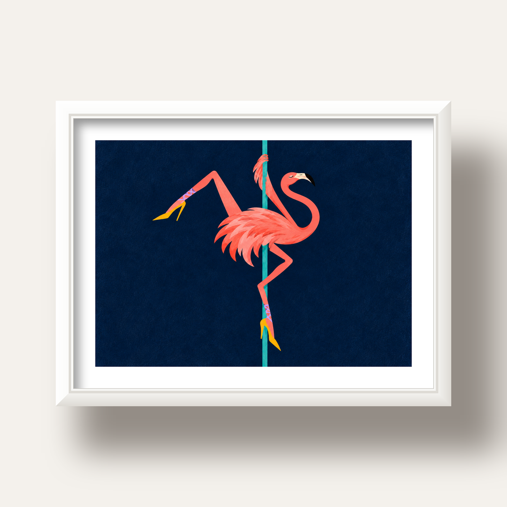 Direk Dansı Yapan Flamingo Modern Poster — beyaz derin çerçeveli paspartulu