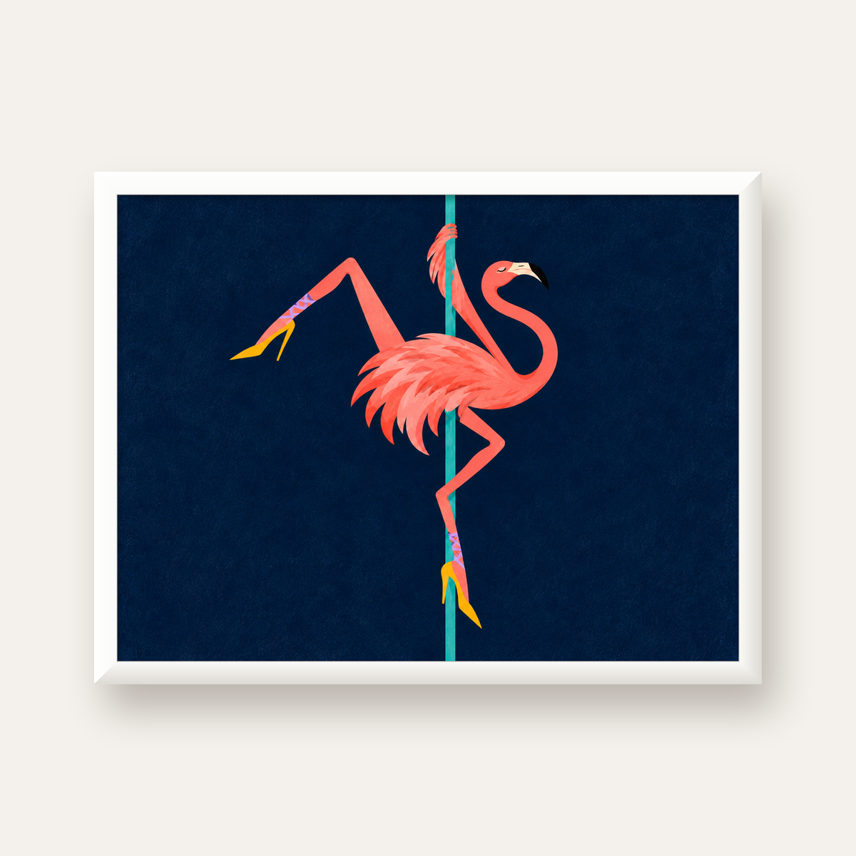 Direk Dansı Yapan Flamingo Modern Poster — beyaz çerçeveli yatay poster