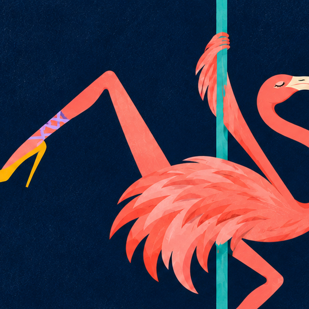 Direk Dansı Yapan Flamingo Modern Poster – Çerçeveli — baskının yakın çekimi, kâğıt dokusu ve renk detayı