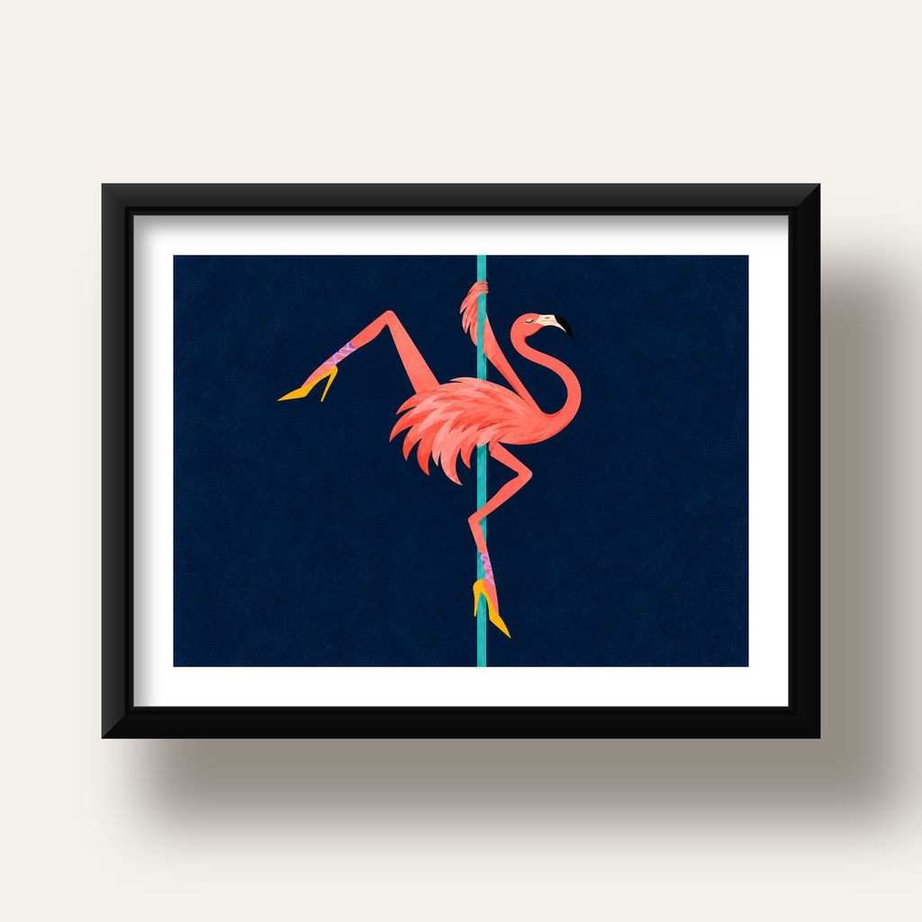 Direk Dansı Yapan Flamingo Modern Poster — siyah derin çerçeveli paspartulu
