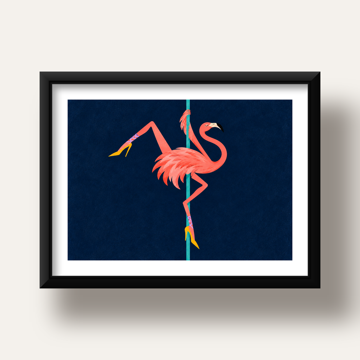 Direk Dansı Yapan Flamingo Modern Poster — siyah derin çerçeveli paspartulu