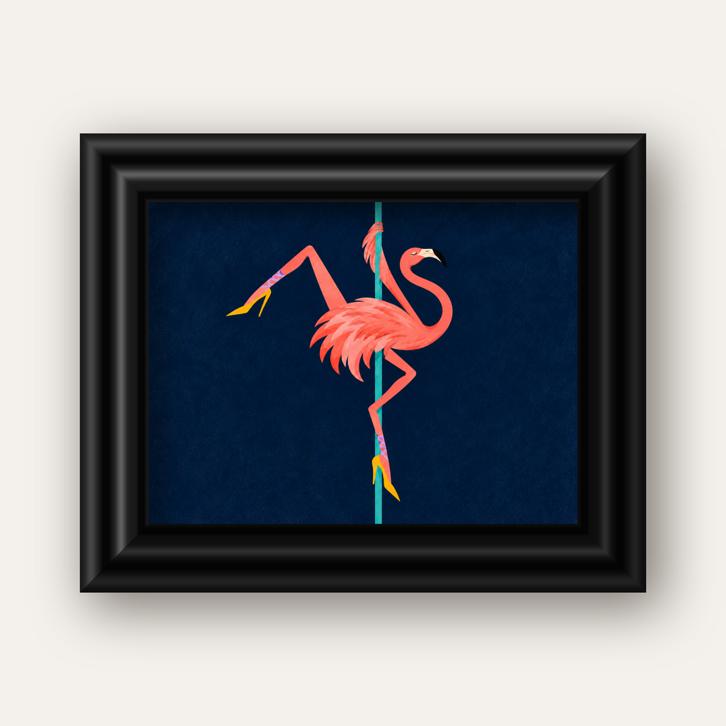 Direk Dansı Yapan Flamingo Modern Poster — siyah galeri çerçeveli