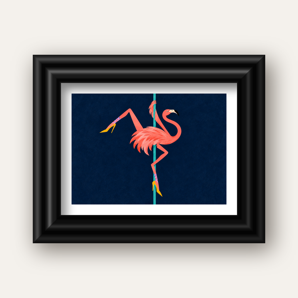 Direk Dansı Yapan Flamingo Modern Poster — siyah galeri çerçeveli paspartulu