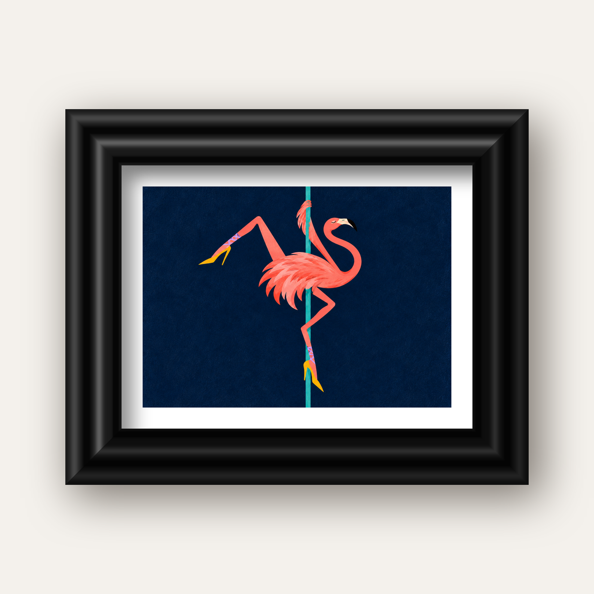 Direk Dansı Yapan Flamingo Modern Poster — siyah galeri çerçeveli paspartulu