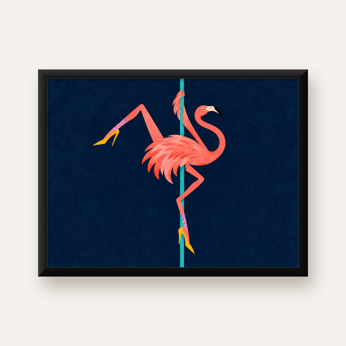 Direk Dansı Yapan Flamingo Modern Poster – Çerçeveli — Yatay baskı, düz siyah çerçeveli duvar posteri
