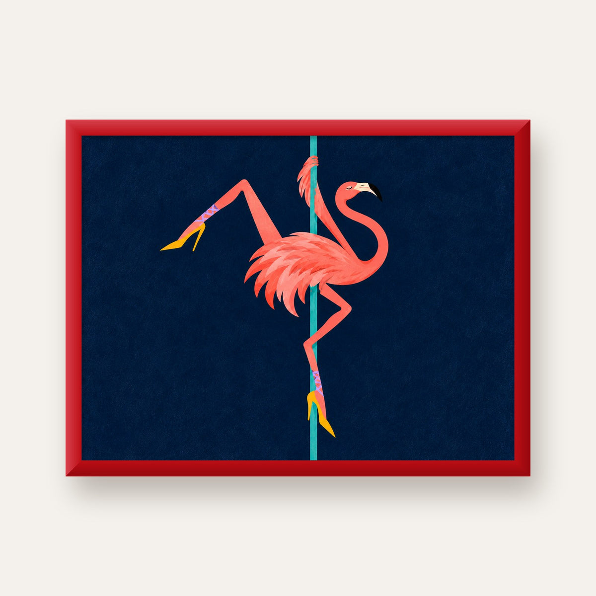 Direk Dansı Yapan Flamingo Modern Poster — kırmızı çerçeveli