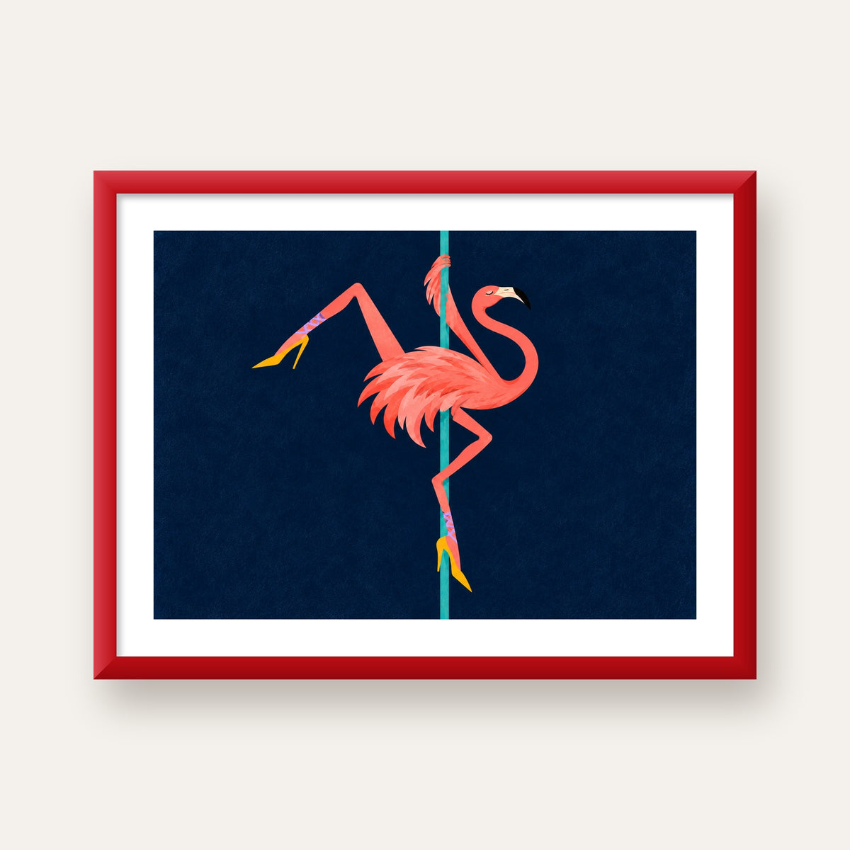 Direk Dansı Yapan Flamingo Modern Poster — kırmızı çerçeveli paspartulu