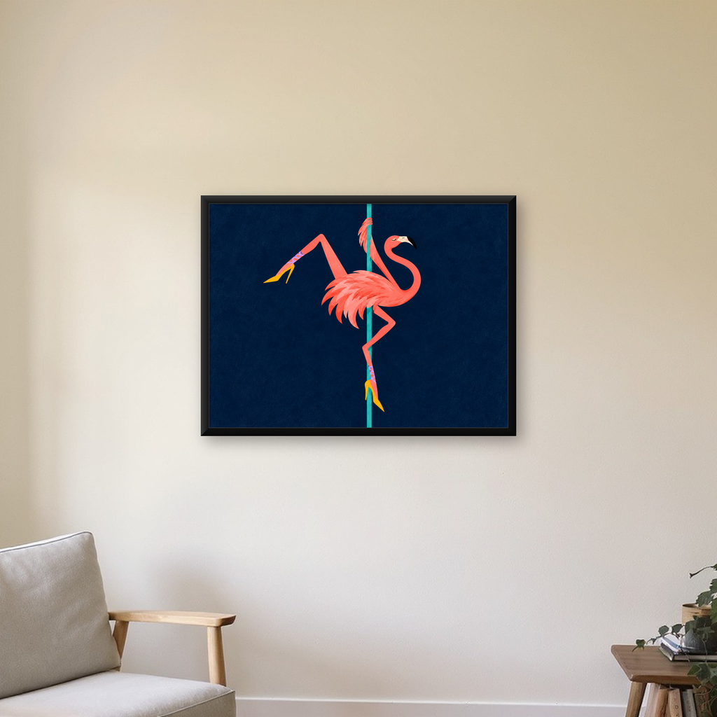 Direk Dansı Yapan Flamingo Modern Poster – Çerçeveli — Yatay baskı, çerçeveli hâliyle bir ev duvarında