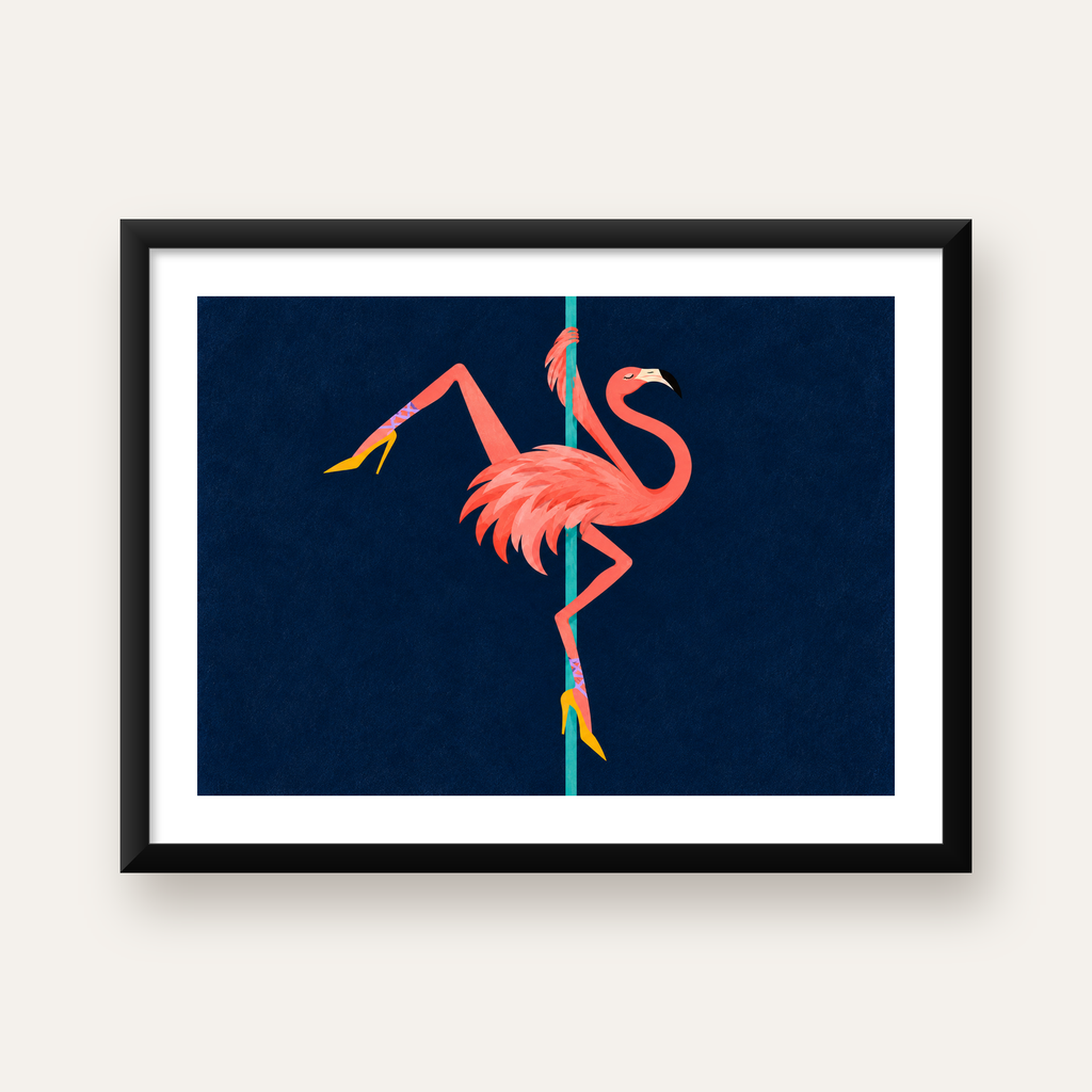 Direk Dansı Yapan Flamingo Modern Poster – Çerçeveli — Yatay baskı, beyaz kenar boşluklu