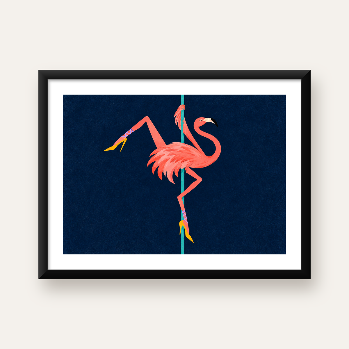 Direk Dansı Yapan Flamingo Modern Poster – Çerçeveli — Yatay baskı, beyaz kenar boşluklu
