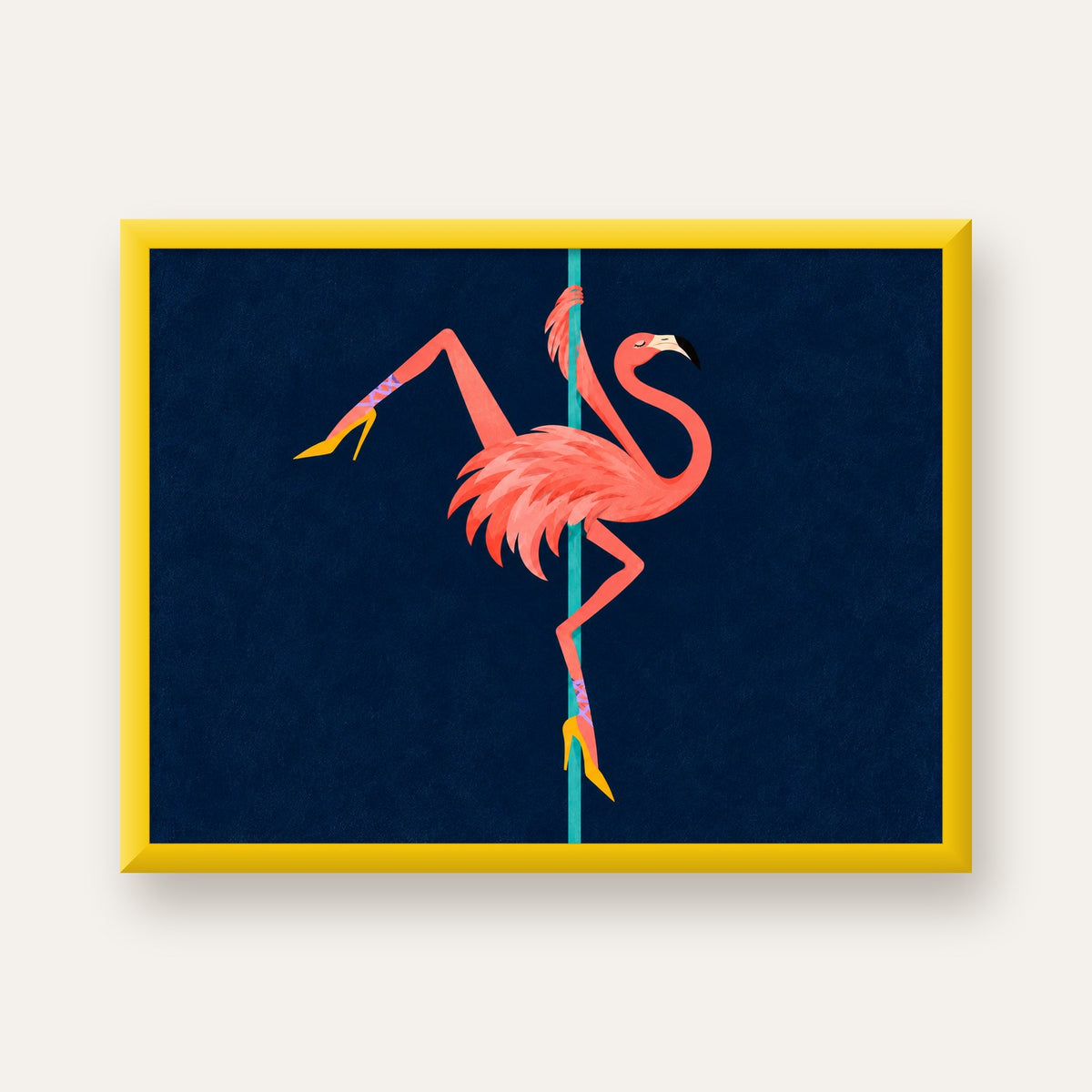 Direk Dansı Yapan Flamingo Modern Poster — sarı çerçeveli
