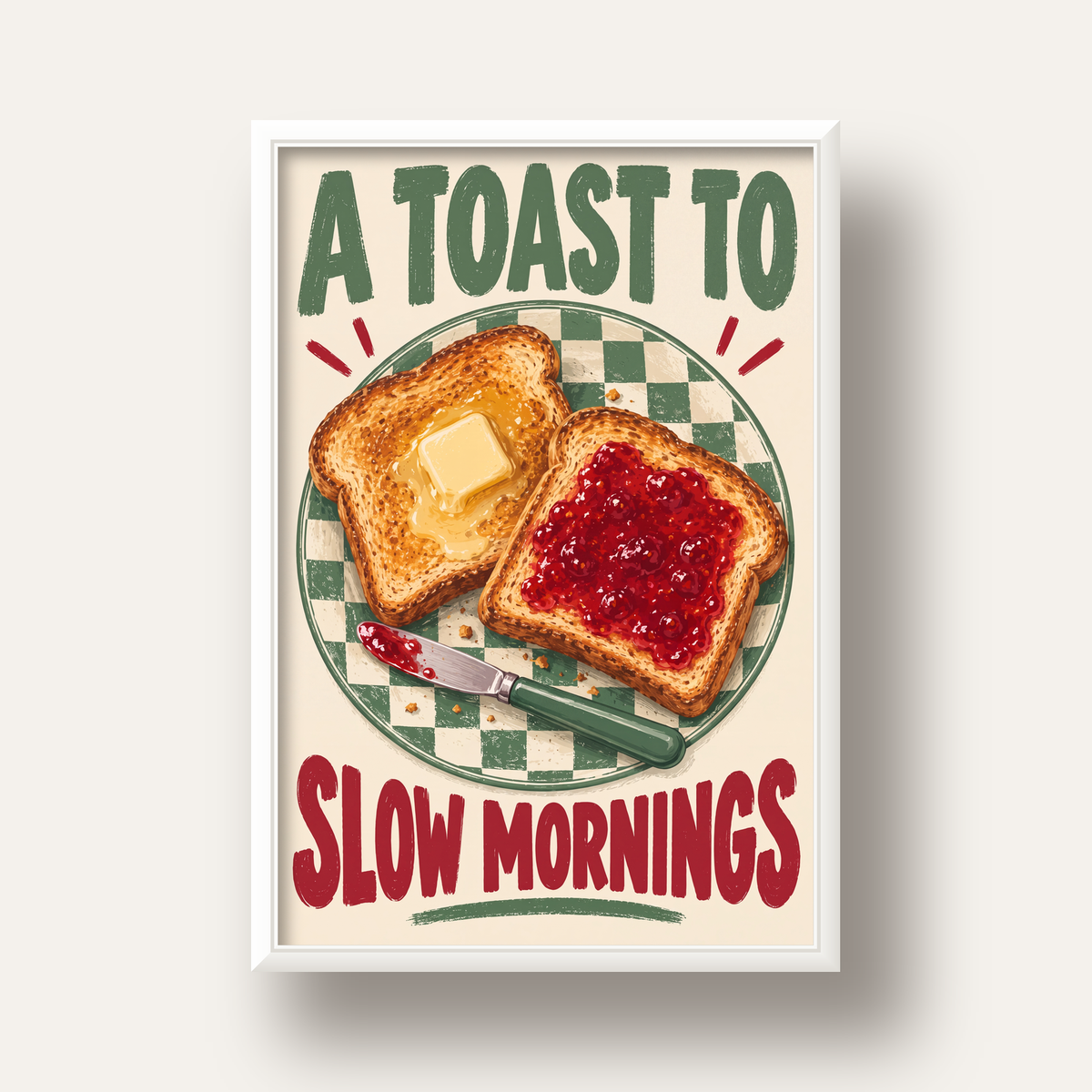 Retro Kahvaltı Tabaklı Dijital Poster – Slow Mornings — beyaz derin çerçeveli