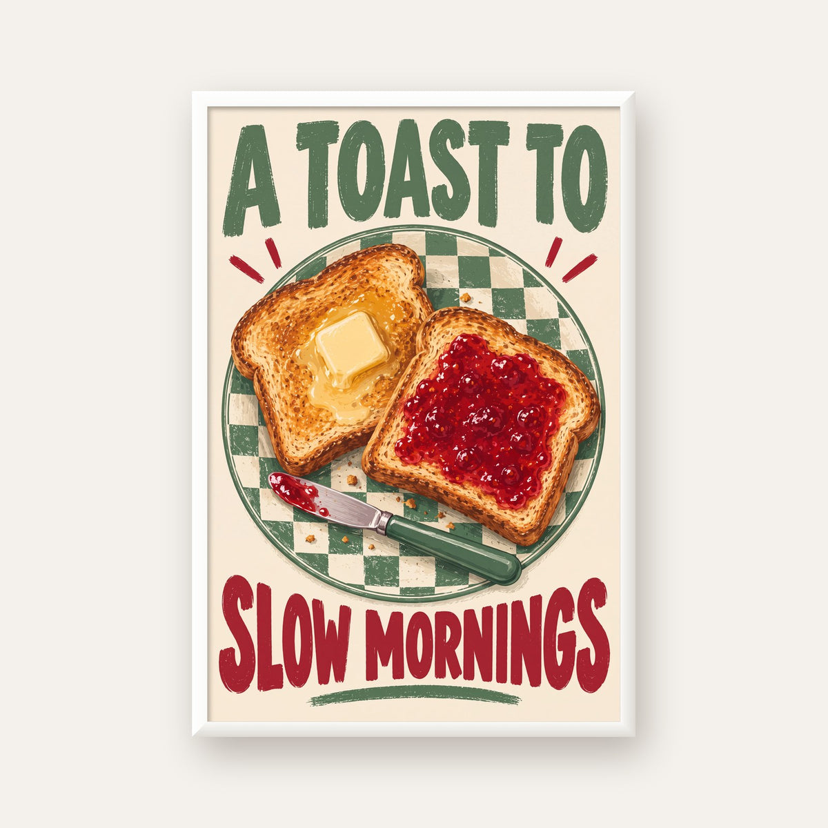 Retro Kahvaltı Tabaklı Dijital Poster – Slow Mornings — beyaz çerçeveli dikey poster