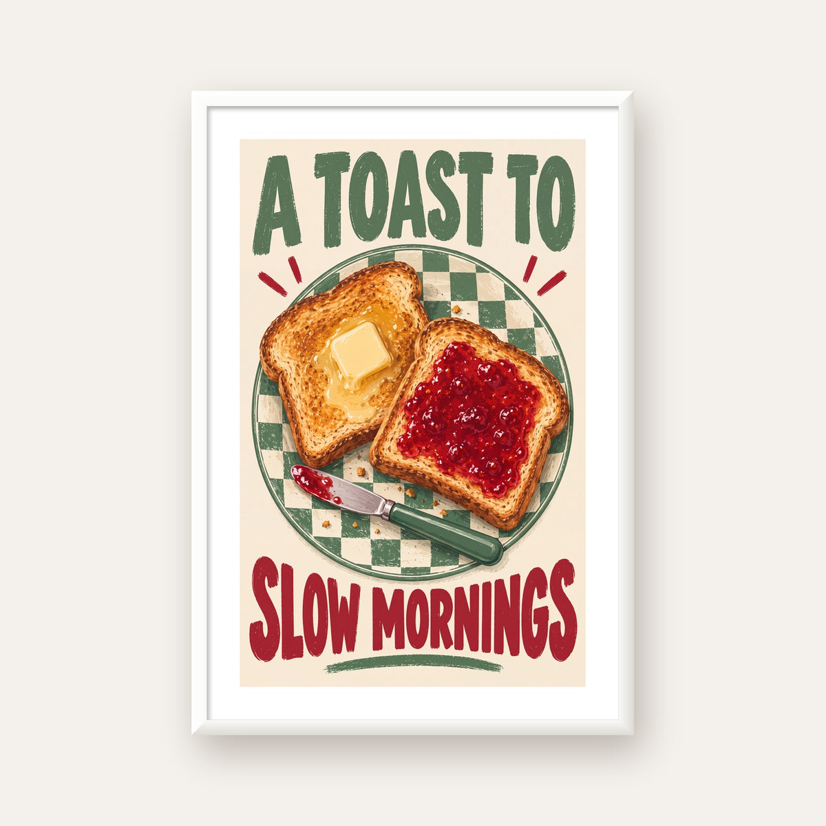Retro Kahvaltı Tabaklı Dijital Poster – Slow Mornings — beyaz çerçeveli dikey poster