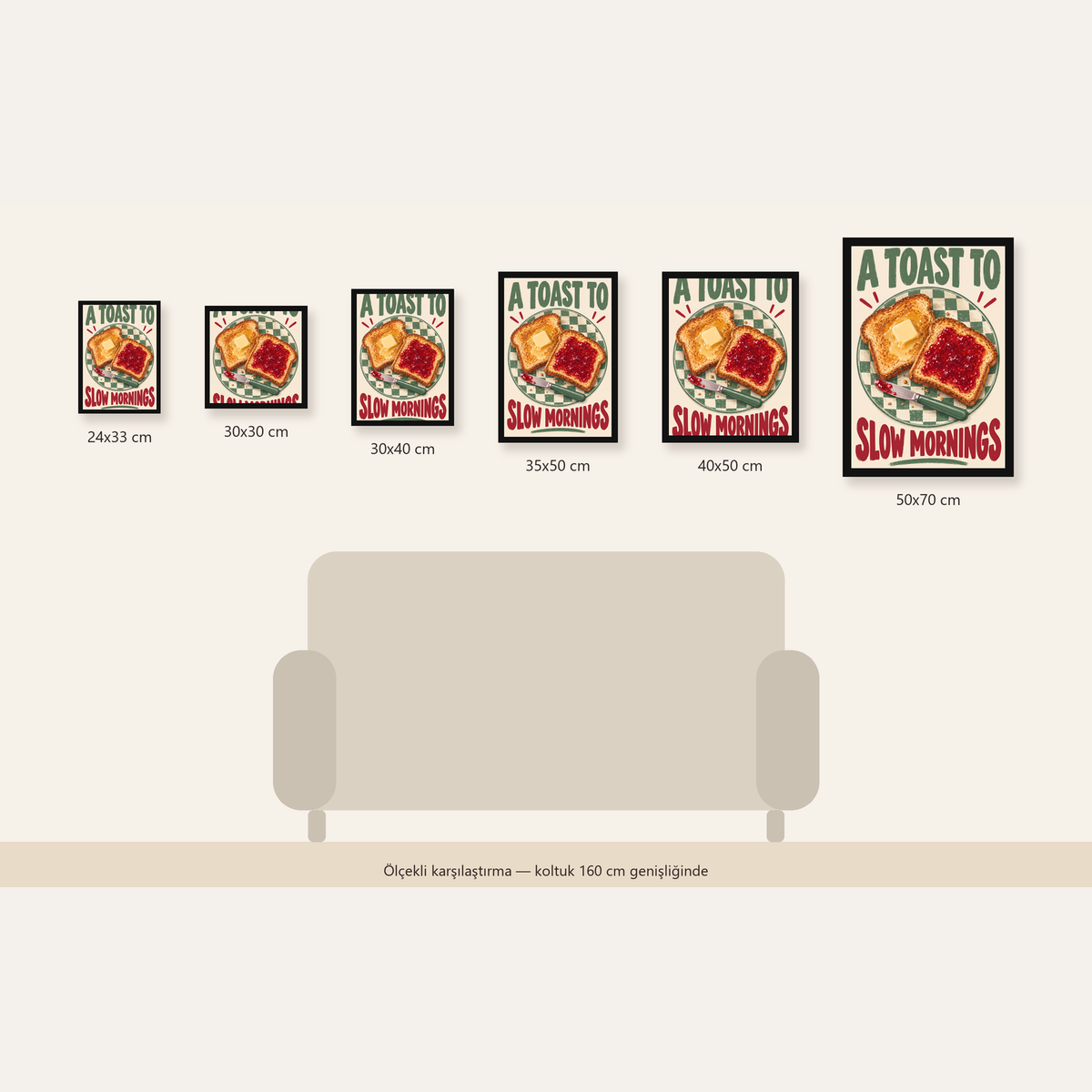 Retro Kahvaltı Tabaklı Dijital Poster – Slow Mornings — 24×33 cm'den 50×70 cm'e, altı ölçünün karşılaştırması