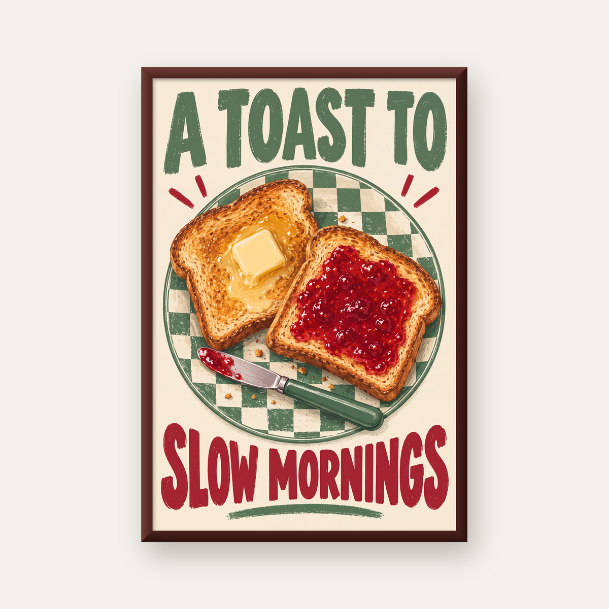 Retro Kahvaltı Tabaklı Dijital Poster – Slow Mornings — ceviz çerçeveli