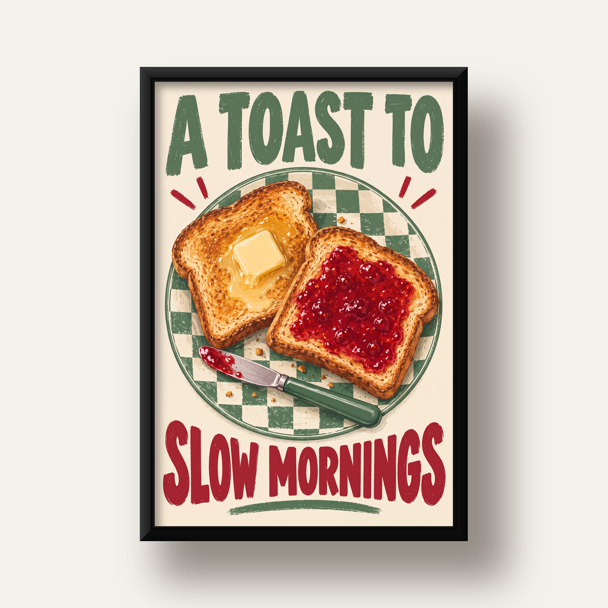 Retro Kahvaltı Tabaklı Dijital Poster – Slow Mornings — siyah derin çerçeveli