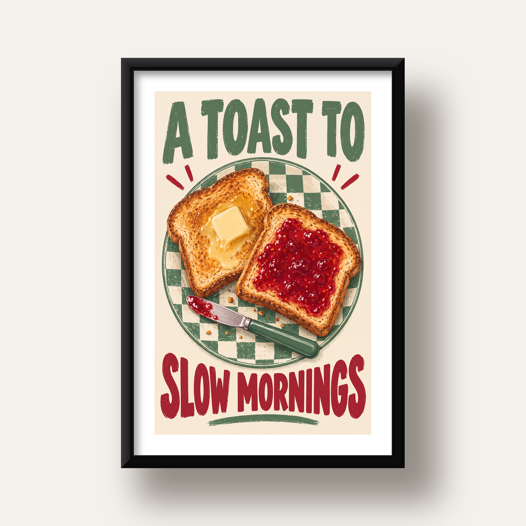 Retro Kahvaltı Tabaklı Dijital Poster – Slow Mornings — siyah derin çerçeveli paspartulu
