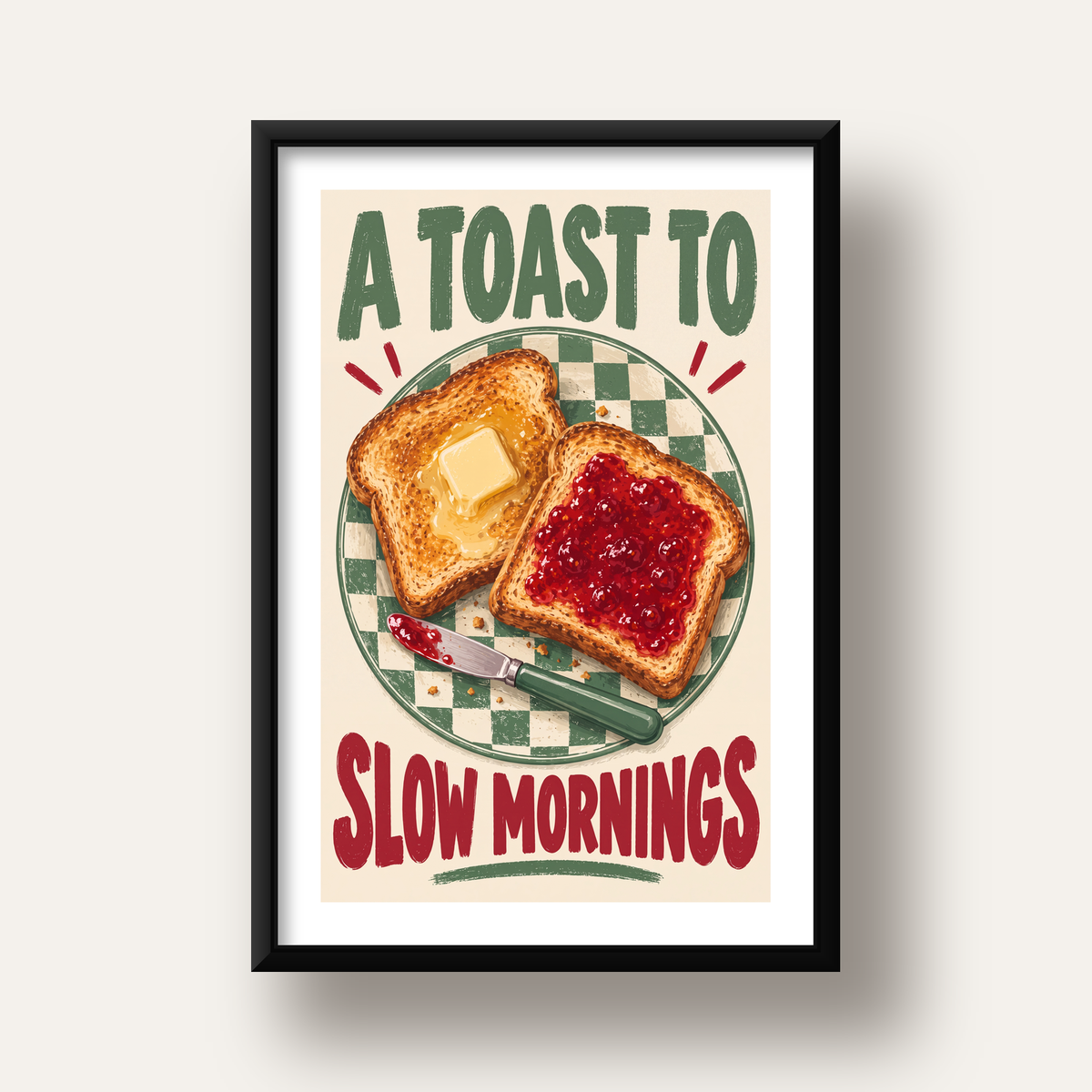 Retro Kahvaltı Tabaklı Dijital Poster – Slow Mornings — siyah derin çerçeveli paspartulu