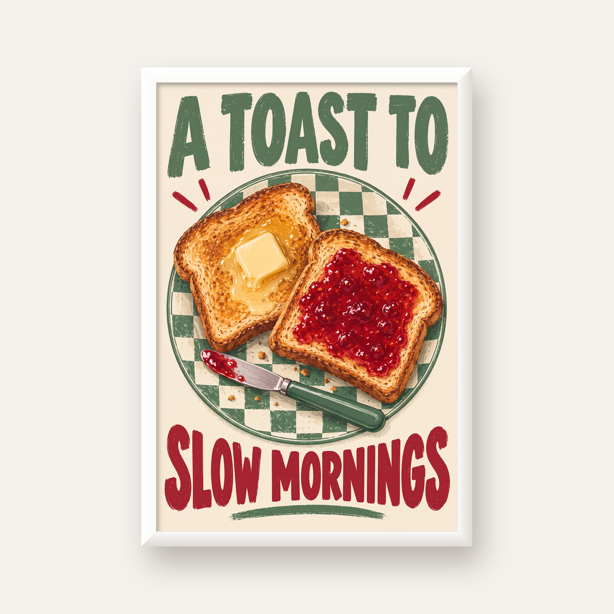 Retro Kahvaltı Tabaklı Dijital Poster – Slow Mornings — beyaz çerçeveli dikey poster