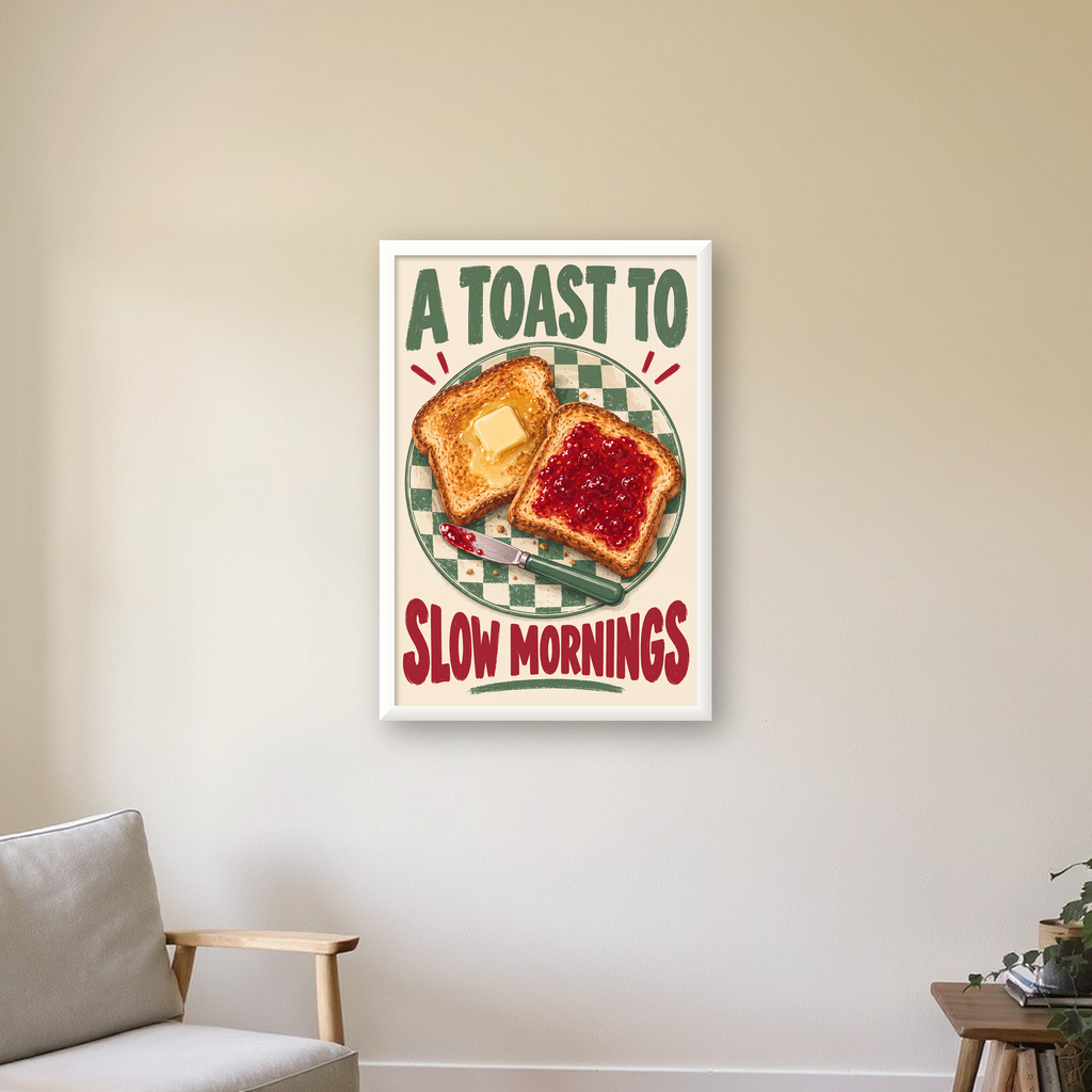 Retro Kahvaltı Tabaklı Dijital Poster – Slow Mornings — beyaz çerçeveli dikey poster