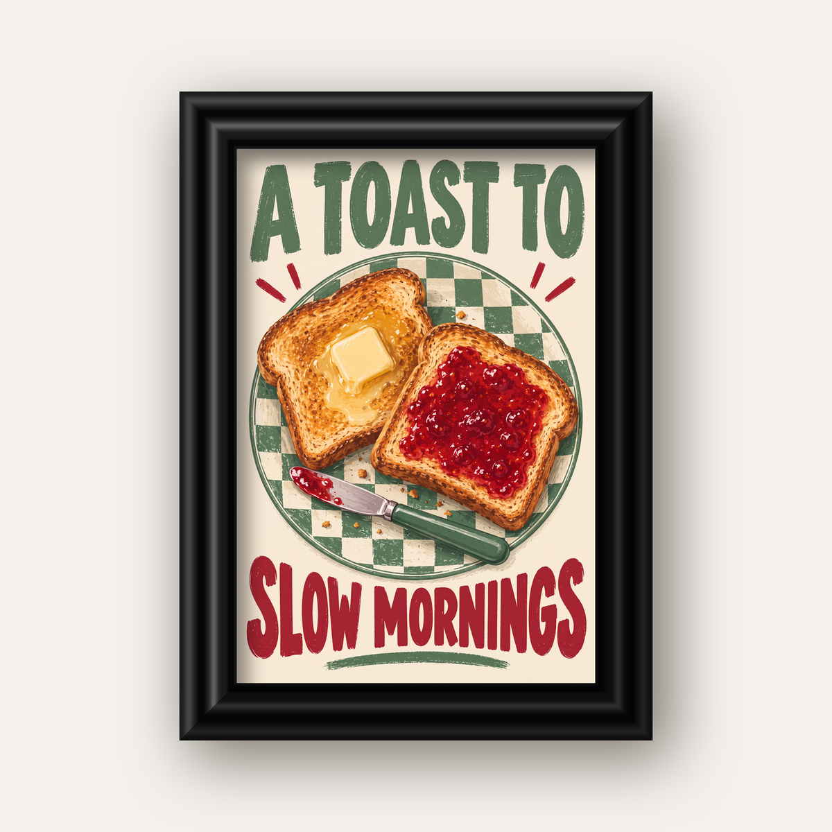 Retro Kahvaltı Tabaklı Dijital Poster – Slow Mornings — siyah galeri çerçeveli