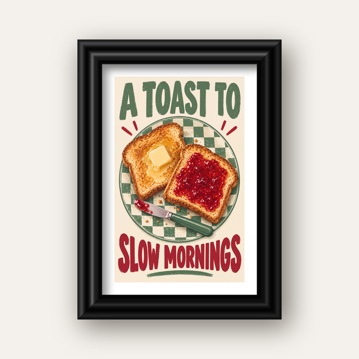 Retro Kahvaltı Tabaklı Dijital Poster – Slow Mornings — siyah galeri çerçeveli paspartulu