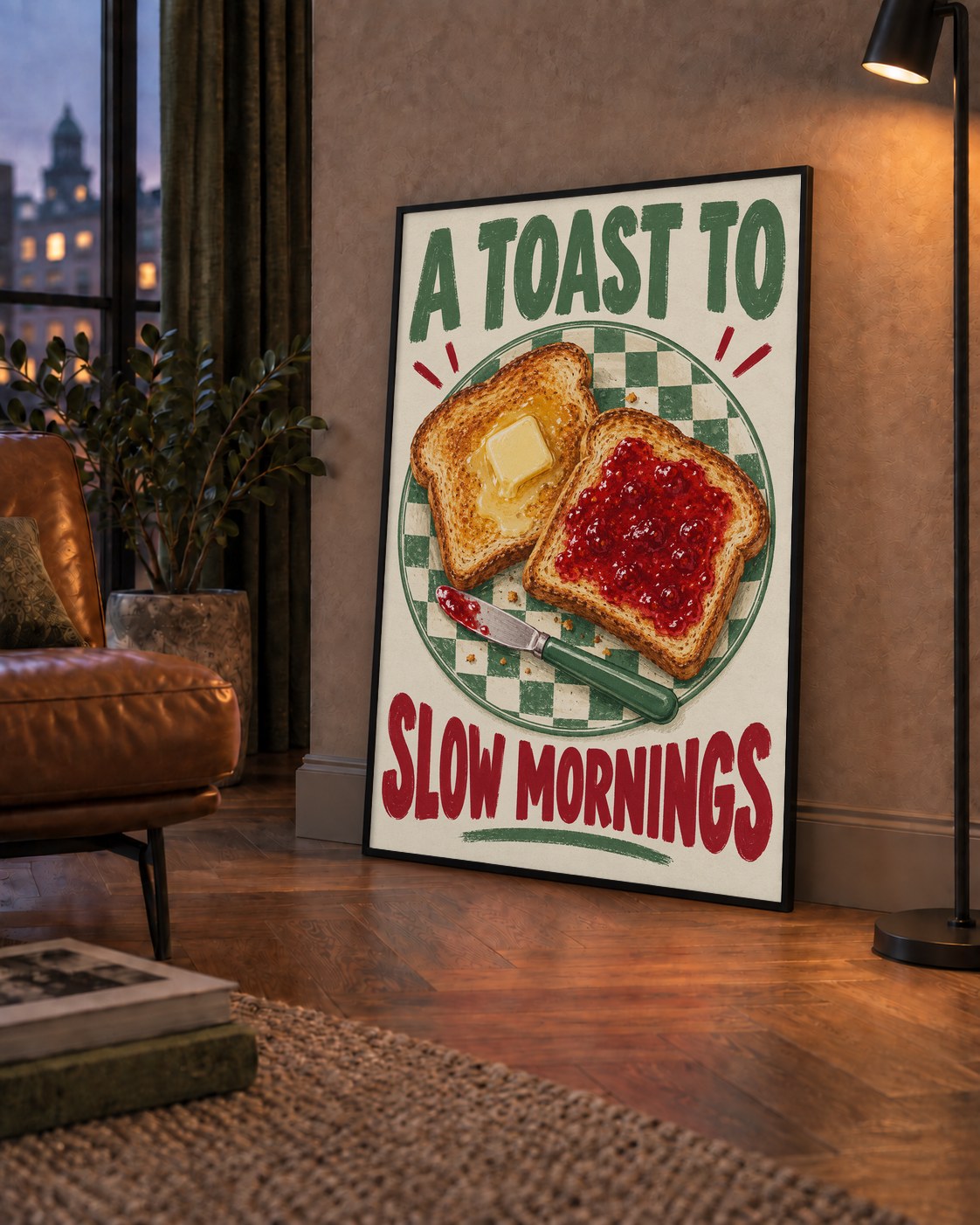 Retro Kahvaltı Tabaklı Dijital Poster – Slow Mornings — çerçeveli hâliyle bir ev duvarında