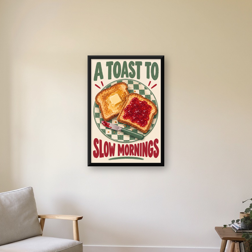 Retro Kahvaltı Tabaklı Dijital Poster – Slow Mornings — çerçeveli hâliyle bir ev duvarında