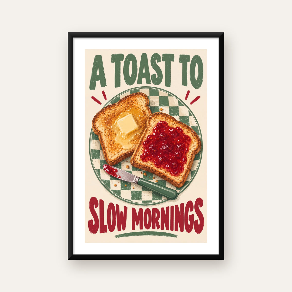 Retro Kahvaltı Tabaklı Dijital Poster – Slow Mornings — beyaz paspartulu, düz siyah çerçeveli