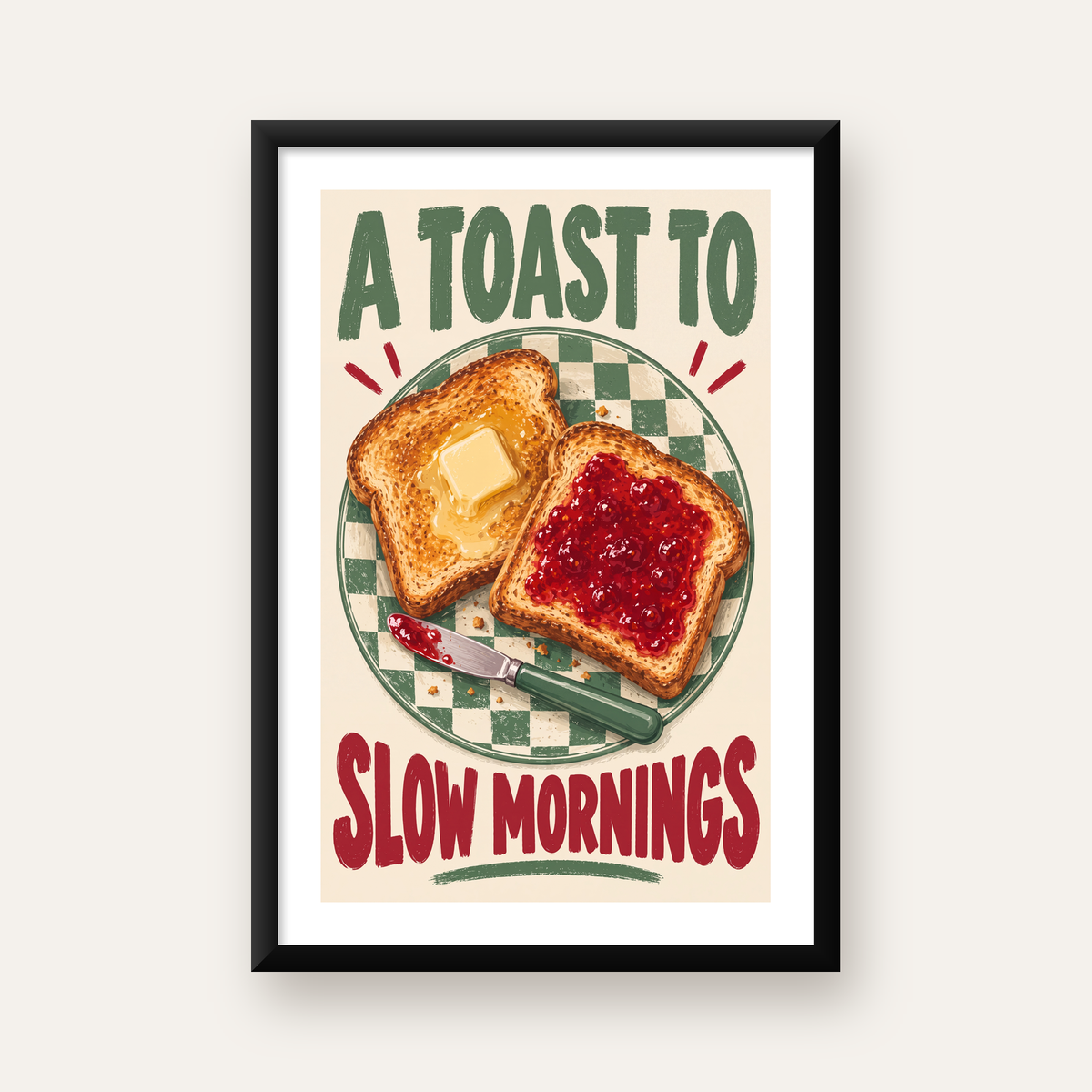 Retro Kahvaltı Tabaklı Dijital Poster – Slow Mornings — beyaz paspartulu, düz siyah çerçeveli