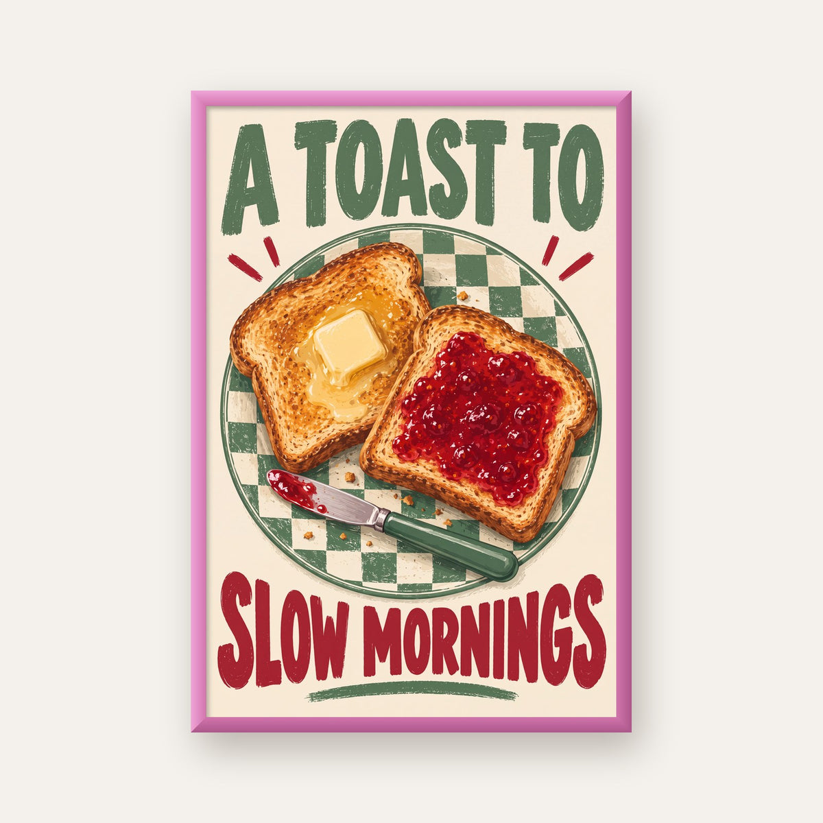 Retro Kahvaltı Tabaklı Dijital Poster – Slow Mornings — pembe çerçeveli
