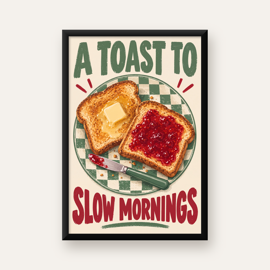 Retro Kahvaltı Tabaklı Dijital Poster – Slow Mornings — düz siyah çerçeveli duvar posteri