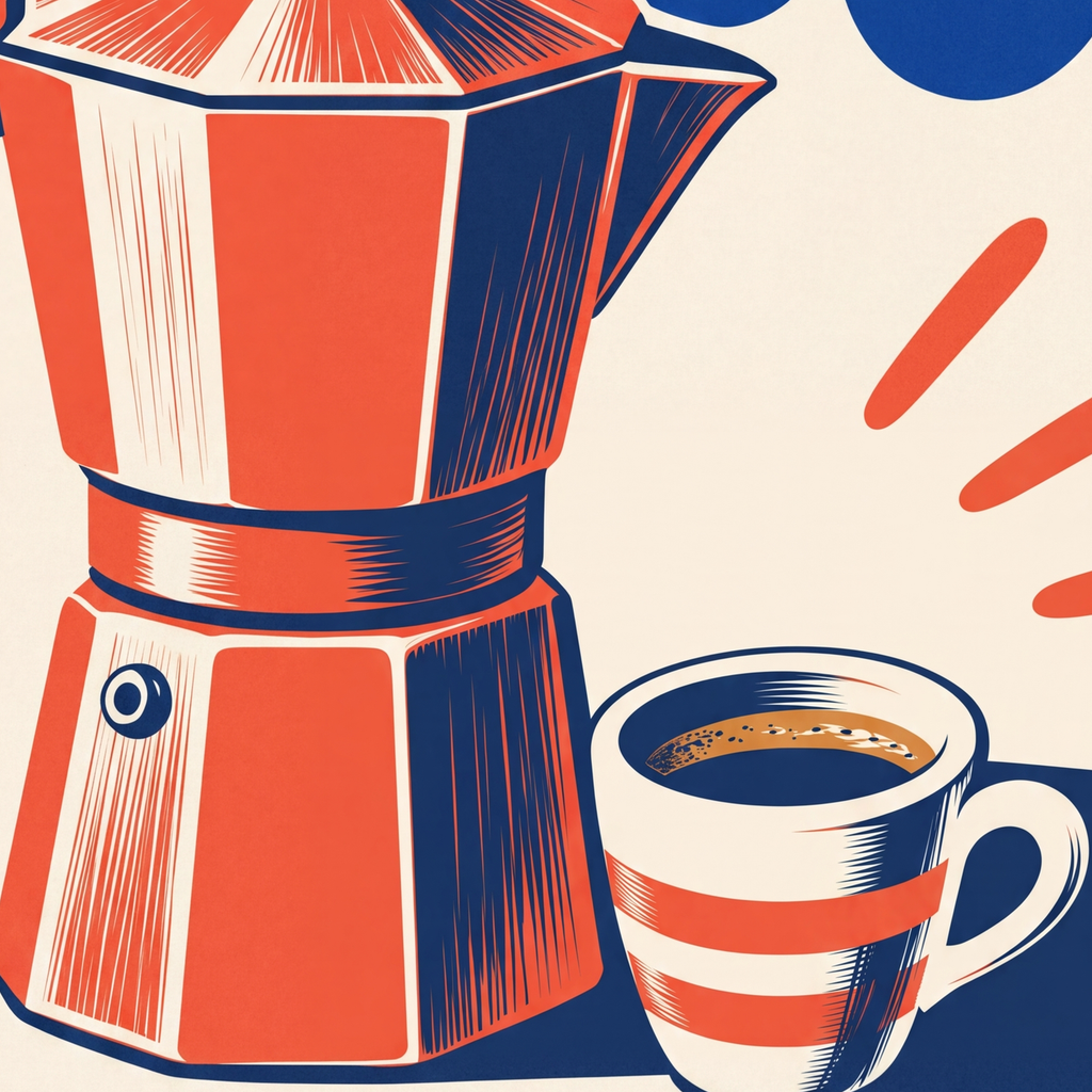Retro Moka Pot & Kupa Poster – SMALL CUP BIG PLANS — baskının yakın çekimi, kâğıt dokusu ve renk detayı