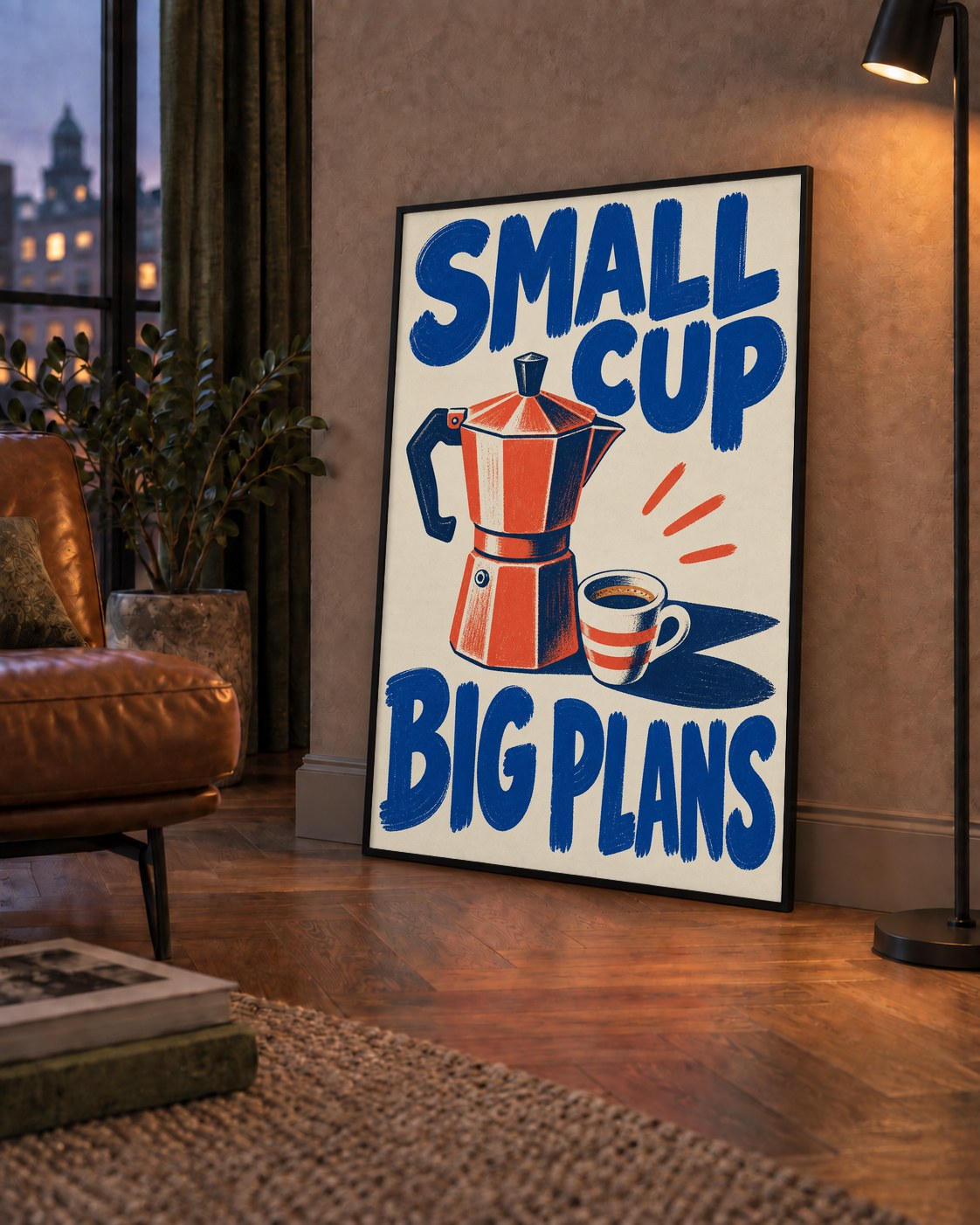 Retro Moka Pot & Kupa Poster – SMALL CUP BIG PLANS — çerçeveli hâliyle bir ev duvarında