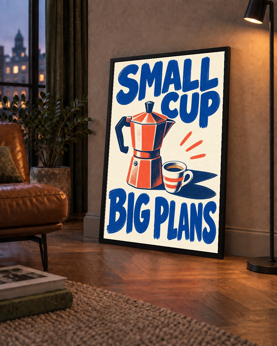 Retro Moka Pot & Kupa Poster – SMALL CUP BIG PLANS