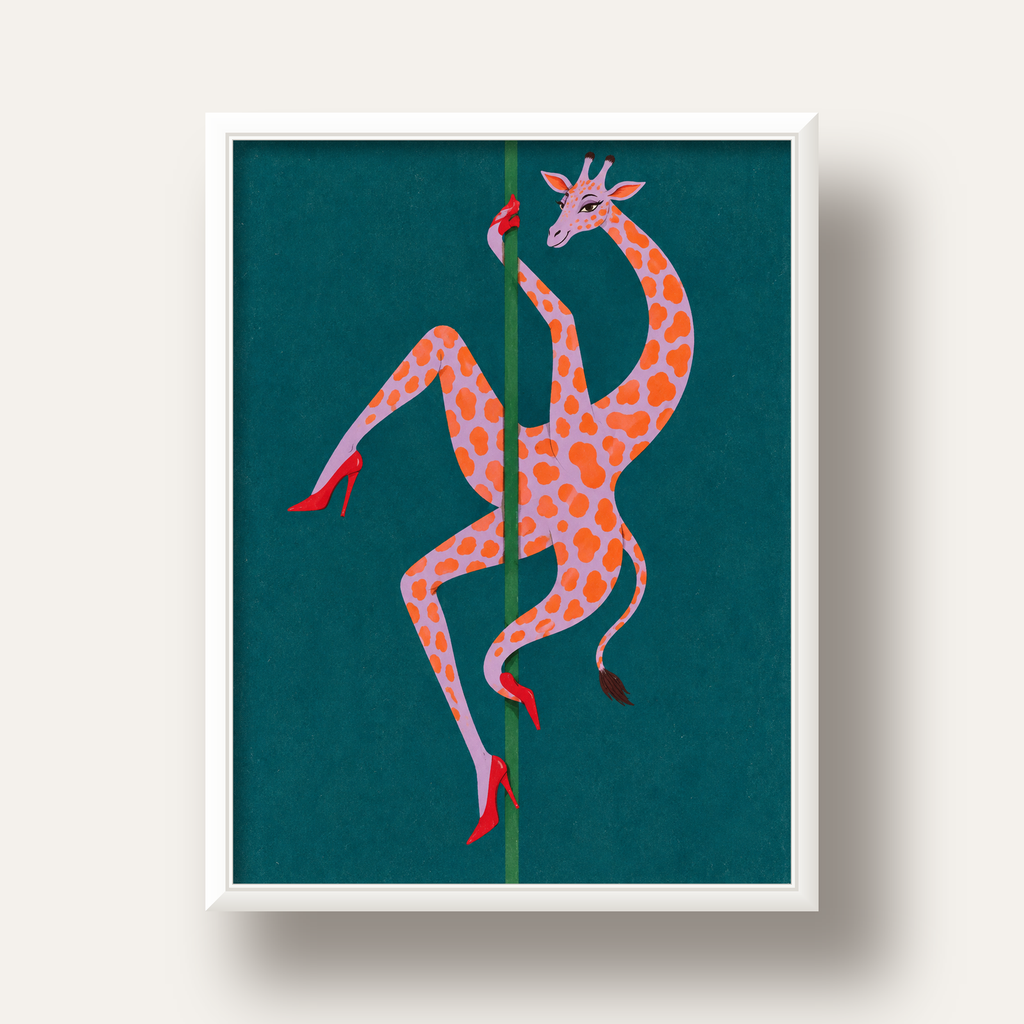 Direkte Dans Eden Zürafa Mizahi Sanat Poster — beyaz derin çerçeveli