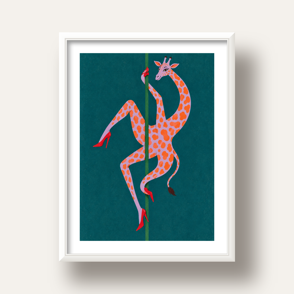 Direkte Dans Eden Zürafa Mizahi Sanat Poster — beyaz derin çerçeveli paspartulu