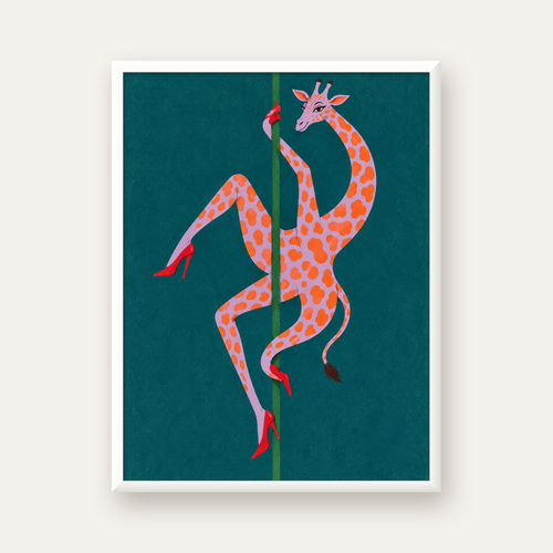 Direkte Dans Eden Zürafa Mizahi Sanat Poster — beyaz çerçeveli dikey poster