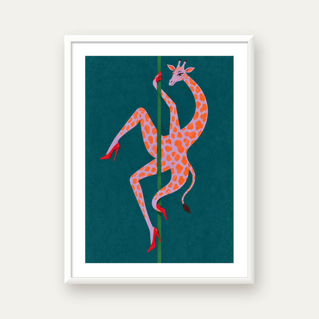 Direkte Dans Eden Zürafa Mizahi Sanat Poster — beyaz çerçeveli dikey poster