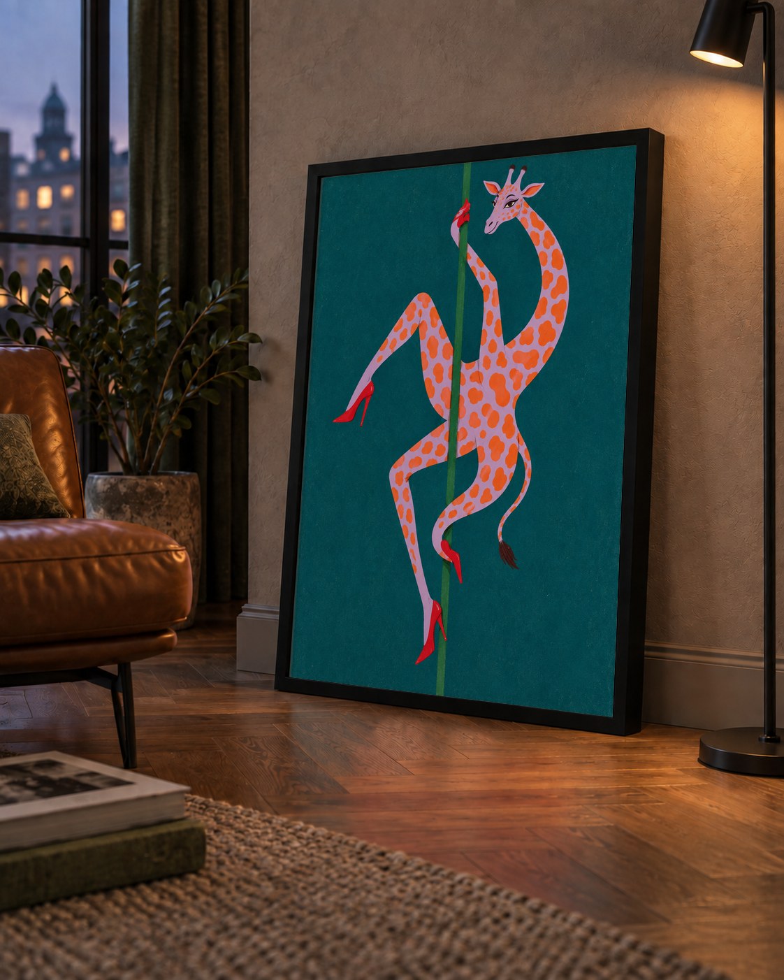 Direkte Dans Eden Zürafa Mizahi Sanat Poster — çerçeveli hâliyle bir ev duvarında