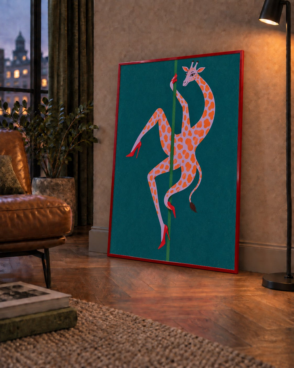 Direkte Dans Eden Zürafa Mizahi Sanat Poster — çerçeveli hâliyle bir ev duvarında